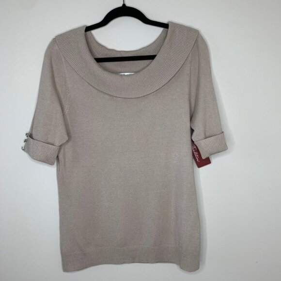 Tradition Women's Cowl Neck Sweater Top 3/4 Length Sleeve Stretch Taupe y2k - Picture 8 of 16